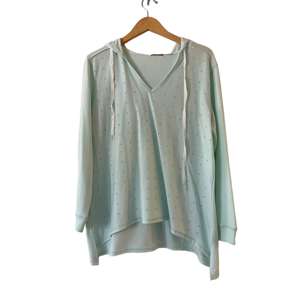 Three Hearts Hooded‎ Pullover Sweater XL Green Studded Long Sleeve V-Neck Hi Low